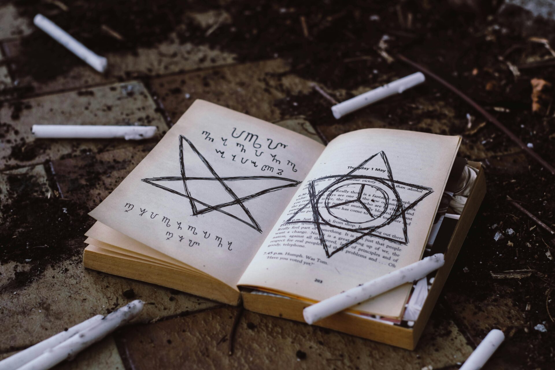 a book with a pentagram and cigarettes depicting history of occult magic